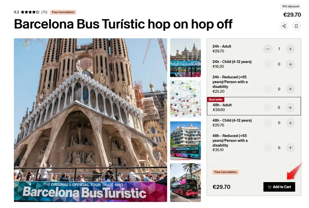 バルセロナのツーリストバス、チケット選択画面