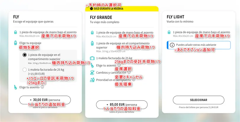 ブエリング航空のチケットの種類を選択